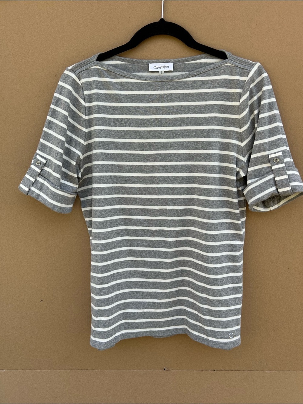 Calvin Klein Striped Boat Neck Gray White Boat Neck Top Nautical Women’s Medium
